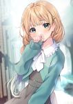  1girl ameshizuku_natsuki bangs belt blonde_hair blurry blurry_background blush collared_dress green_eyes hair_ornament hairclip long_hair long_sleeves looking_at_viewer original solo 