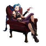  1girl absurdres alcohol arcane:_league_of_legends arcane_jinx arm_tattoo armchair asymmetrical_bangs bandaid bandaid_on_knee bangs bare_shoulders blue_hair braid breasts chair cloud_tattoo cup fingerless_gloves glass gloves grin highres holding holding_cup jinx_(league_of_legends) knee_up league_of_legends long_hair looking_at_viewer navel pants shoes shoulder_tattoo simple_background sitting small_breasts smile solo striped tattoo teeth twin_braids white_background wine yunyou_daoren 