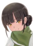  1girl bangs black_hair blush commentary_request double_bun eyebrows_visible_through_hair green_scarf highres japanese_clothes kantai_collection looking_at_viewer orange_eyes portrait porupurucha scarf simple_background smile solo un&#039;you_(kancolle) white_background yawata_maru_(kancolle) 
