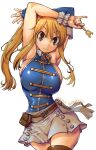  1girl amania_orz armpits arms_up bangs blonde_hair blue_shirt blue_sleeves breasts brown_eyes brown_legwear dated detached_sleeves eyebrows_visible_through_hair fairy_tail grey_skirt huge_breasts long_hair looking_at_viewer lucy_heartfilia shirt sideboob simple_background single_sleeve skirt sleeveless sleeveless_shirt smile solo thigh-highs twitter_username white_background 