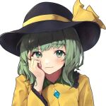  1girl blush green_eyes green_hair hand_on_own_face hat keikei_927 komeiji_koishi long_hair long_sleeves looking_at_viewer middle_finger raised_eyebrow shirt simple_background smirk solo touhou upper_body white_background yellow_shirt 