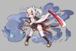  1girl armor hair_ribbon holding holding_sword holding_weapon horns japanese_armor japanese_clothes katana kote looking_at_viewer miko oni_horns open_mouth original ponytail red_eyes ribbon shoulder_armor skirt solo sword thigh-highs weapon white_hair x734489282 
