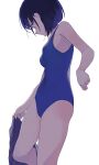  1girl blue_hair blue_swimsuit breasts brown_eyes closed_mouth highres hiroki_(yyqw7151) holding holding_clothes looking_down looking_to_the_side one-piece_swimsuit original short_hair simple_background small_breasts solo standing swimsuit thighs white_background 