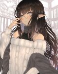  1girl bangs bare_shoulders breasts brown_hair elf glasses grey_eyes highres hinomaru_(futagun) long_hair long_sleeves looking_at_viewer medium_breasts off-shoulder_sweater off_shoulder original pointy_ears ribbed_sweater solo sweater white_sweater 