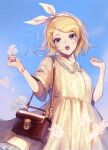  1girl absurdres bag bangs blonde_hair blue_eyes blue_sky blurry blurry_foreground blush breasts brown_bag collared_dress commentary day dress flower frilled_dress frills hair_ornament hairband hairclip handbag hands_up highres holding holding_flower kagamine_rin looking_at_viewer medium_hair open_mouth pipi ribbon short_sleeves shoulder_bag sky small_breasts solo swept_bangs vocaloid watch white_flower white_ribbon yellow_dress 