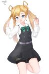  1girl absurdres abukuma_(kancolle) bike_shorts black_dress blonde_hair blue_eyes bow bowtie cosplay dated double_bun dress dress_shirt green_bow green_bowtie hair_between_eyes hair_rings highres kantai_collection long_hair maru_(marg0613) michishio_(kancolle) michishio_(kancolle)_(cosplay) michishio_kai_ni_(kancolle) pinafore_dress shirt shorts_under_dress simple_background solo standing standing_on_one_leg twitter_username white_background white_shirt 