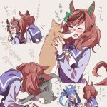  3girls animal_ears blue_eyes blue_hair blush bow bowtie brown_hair cat commentary_request ear_covers ear_ornament eyebrows_visible_through_hair heterochromia horse_ears horse_girl horse_tail horseshoe_ornament long_sleeves multicolored_hair multiple_girls multiple_views nice_nature_(umamusume) purple_shirt ree_(re-19) sailor_collar school_uniform shirt short_twintails streaked_hair tail tokai_teio_(umamusume) tracen_school_uniform translation_request twin_turbo_(umamusume) twintails two-tone_hair umamusume violet_eyes white_bow white_bowtie white_hair 