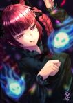 1girl :q animal_ears bangs black_bow black_bowtie blue_fire blunt_bangs blurry bokeh bow bowtie braid cat_ears dark_background depth_of_field dress dutch_angle extra_ears eyebrows_behind_hair fire flaming_skull floating_skull ghost green_dress hands_up highres hitodama kaenbyou_rin licking_lips long_hair mononobe_kanako nail_polish paw_pose red_eyes red_nails redhead skull slit_pupils solo sparkle_background subterranean_animism tongue tongue_out touhou twin_braids twintails upper_body 