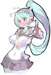  1girl android aqua_hair blue_hair blush commentary_request enpe headphones highres joints labrys_(persona) long_hair looking_at_viewer persona persona_4:_the_ultimate_in_mayonaka_arena pleated_skirt ponytail red_eyes robot_joints school_uniform short_hair skirt solo 