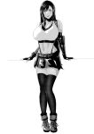  1girl absurdres bangs bare_shoulders black_hair black_legwear black_skirt boots breasts collarbone commentary elbow_gloves final_fantasy final_fantasy_vii final_fantasy_vii_remake forehead full_body gloves greyscale highres iwao178 large_breasts looking_at_viewer monochrome navel parted_bangs parted_lips simple_background skirt smile solo standing suspender_skirt suspenders thigh-highs tifa_lockhart white_background 