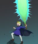  1boy aboutama blonde_hair blue_eyes cape child crown daida fighting_stance full_body highres holding holding_weapon huge_weapon male_focus ousama_ranking prince short_hair shouting solo weapon wind 