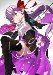  1girl bangs bb_(fate) black_legwear blouse breasts cherry_blossoms eyebrows_behind_hair eyebrows_visible_through_hair fate/extra fate/grand_order fate_(series) flower gloves hair_ribbon high_heels highres hitotose_hirune holding jacket long_hair petals purple_hair ribbon skirt solo thigh-highs victory_pose violet_eyes white_gloves 