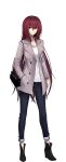  1girl bag bangs black_footwear blue_pants boots bracelet closed_mouth coat collarbone denim eyebrows_visible_through_hair fate/empire_of_dirt fate_(series) full_body game_cg grey_coat hair_between_eyes hair_intakes hand_in_pocket handbag high_heel_boots high_heels highres ikemeru19 jewelry long_hair long_sleeves looking_at_viewer open_clothes open_coat pants red_eyes redhead scathach_(fate) shiny shiny_hair shirt solo standing straight_hair tachi-e transparent_background very_long_hair white_shirt 