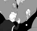  1boy aboutama animal black_eyes cape child crown crying from_behind greyscale heads_together male_focus monochrome ousama_ranking oversized_animal prince short_hair snake tears upper_body 