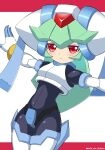 1girl android blush bodysuit breasts closed_mouth gloves green_hair helmet highres long_hair looking_at_viewer mega_man_(series) mega_man_zx mega_man_zx_advent mikoto000813 pandora_(mega_man) pandora_(rockman) red_eyes simple_background solo