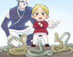  2boys aboutama bebinn blonde_hair blue_eyes blush child crown daida facial_hair from_below full_body head_out_of_frame male_focus multiple_boys mustache one_knee ousama_ranking pants prince red_shirt shirt short_hair smile snake thick_eyebrows white_pants 