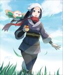  1girl akari_(pokemon) black_hair black_shirt cheri_shi clouds commentary_request day eyelashes flying from_below grey_eyes grey_jacket head_scarf highres holding holding_poke_ball jacket leaves_in_wind long_hair open_mouth outdoors poke_ball poke_ball_(legends) pokemon pokemon_(creature) pokemon_(game) pokemon_legends:_arceus ponytail rowlet shirt sidelocks sky standing teeth tongue upper_teeth white_headwear 