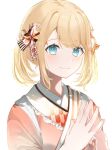  1girl absurdres blonde_hair blue_eyes closed_mouth hair_ornament highres hololive japanese_clothes kanzashi kazama_iroha kimono light_blush official_alternate_costume short_hair simple_background smile steepled_fingers upper_body virtual_youtuber white_background yoshioka_(today_is_kyou) 
