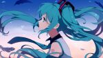  1girl absurdres blue_eyes blue_hair detached_sleeves hatsune_miku highres long_hair necktie netapai1 sleeveless solo symbol-only_commentary tattoo twintails very_long_hair vocaloid 