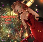  1girl :d aerith_gainsborough bare_arms bare_shoulders breasts brown_hair dated dress earrings final_fantasy final_fantasy_vii final_fantasy_vii_remake fireworks flower gloves green_eyes hair_flower hair_ornament happy_birthday jewelry krudears long_hair looking_at_viewer medium_breasts necklace open_mouth red_dress red_nails smile star_(symbol) star_earrings star_necklace strapless strapless_dress 