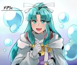  1girl blue_eyes blue_hair cape gloves golden_sun hair_ribbon hannpen5500 long_hair looking_at_viewer mia_(golden_sun) open_mouth ponytail ribbon smile solo teeth tied_hair tongue upper_teeth white_gloves wide_ponytail 