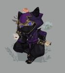  1boy black_pants ghostgrass grey_background highres hood hood_up kennen league_of_legends long_sleeves looking_at_viewer mask mouth_mask ninja ninja_mask pants simple_background sitting slit_pupils solo violet_eyes yordle 