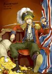  1boy absurdres ascot axis_powers_hetalia belt blonde_hair blue_eyes boots character_name crown crown_removed dated epaulettes gem glint gold_coin green_pants hat highres holding holding_sword holding_weapon jewelry jewelry_removed linjie long_sleeves male_focus mouth_hold necklace necklace_removed pants pipe pipe_in_mouth pirate_hat ring scar sitting sword union_jack united_kingdom_(hetalia) weapon 