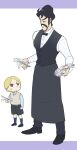  2boys aboutama alternate_costume bebinn black_eyes black_vest blonde_hair blue_eyes blush bow bowtie butler child daida facial_hair frown full_body hair_strand highres holding holding_knife knife looking_at_another male_focus motion_blur motion_lines multiple_boys mustache ousama_ranking short_hair thick_eyebrows vest white_background 