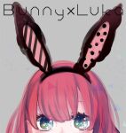  1girl animal_ears ayatoto english_text green_eyes grey_background long_hair looking_at_viewer megurine_luka piapro rabbit_ears redhead simple_background solo vocaloid 