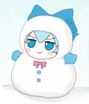  1girl blue_bow blue_gloves blush_stickers bow chibi cirno closed_mouth commentary eyebrows_visible_through_hair fumo_(doll) gloves hair_between_eyes hair_bow outdoors rei_(tonbo0430) smile snowman solo touhou 