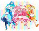  3girls :d ankle_bow apron arm_up armpits back_bow blonde_hair blue_bow blue_eyes blue_footwear blue_hair blue_legwear blue_skirt boots bow bun_cover choker closed_mouth cure_precious cure_spicy cure_yum-yum delicious_party_precure detached_collar double_bun drill_hair earrings elbow_gloves frilled_skirt frills full_body fuwa_kokone gloves hair_bow hair_cones hair_rings hanamichi_ran heart_brooch highres huge_bow jewelry knee_boots long_hair looking_at_viewer magical_girl multicolored_background multicolored_hair multiple_girls nagomi_yui official_style open_mouth orange_bow orange_footwear orange_skirt outstretched_hand pantyhose pink_bow pink_choker pink_hair pink_skirt precure red_eyes shiny shiny_hair shoes skirt smile striped striped_bow tiler_(tiler00) twin_drills two-tone_hair violet_eyes white_footwear white_gloves 