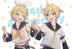  1boy 1girl :d ;d absurdres bangs belt_buckle black_sailor_collar black_sleeves blonde_hair blue_eyes bow brother_and_sister buckle collarbone collared_shirt detached_sleeves eyebrows_visible_through_hair hair_between_eyes hair_bow hairband headphones headset highres kagamine_len kagamine_rin long_sleeves microphone midriff nail_polish navel necktie one_eye_closed parted_bangs rei_(uupaa3) sailor_collar sailor_shirt shiny shiny_hair shirt short_hair siblings sleeveless sleeveless_shirt smile standing stomach vocaloid white_bow white_hairband white_shirt yellow_belt yellow_nails yellow_necktie 