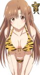  1girl absurdres animal_print asuna_(sao) bangs bikini blush braid breasts brown_eyes brown_hair chinese_zodiac closed_mouth collarbone commentary cowboy_shot ekaki_kukuma eyebrows_visible_through_hair front-tie_bikini front-tie_top halterneck hands_on_own_knees highres leaning_forward long_hair looking_at_viewer medium_breasts navel new_year orange_bikini print_bikini side-tie_bikini smile solo standing swimsuit sword_art_online thigh_gap tiger_print translated white_background year_of_the_tiger 