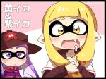 2girls artist_name bangs black_border blonde_hair blunt_bangs border brown_headwear closed_mouth commentary_request drooling eromame fang half-closed_eyes hands_up happy hat inkling inkling_girl jacket layered_sleeves long_hair long_sleeves looking_at_another looking_at_viewer multiple_girls nintendo open_mouth own_hands_together pink_background pointy_ears purple_hair purple_jacket saliva shiny shiny_hair shirt short_over_long_sleeves short_sleeves sidelocks simple_background smile splatoon_(series) straight-on suction_cups sweat tentacle_hair tentacles translated twintails twitter_username two-tone_background upper_body violet_eyes watermark white_shirt wide-eyed yellow_eyes