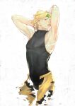  armpits arms_behind_head arms_up bare_shoulders black_leotard blonde_hair dio_brando headband heart heart_headband jojo_no_kimyou_na_bouken leotard pants red_eyes stardust_crusaders tongue tongue_out torn_clothes torn_pants yellow_pants 