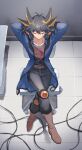  1boy arms_behind_head bangs black_hair blue_eyes crossed_legs denim dyed_bangs from_above fudou_yuusei hair_between_eyes highres jacket jeans jiayu_long knee_pads male_focus open_clothes open_jacket pants short_hair sleeping solo spiky_hair yu-gi-oh! yu-gi-oh!_5d&#039;s 