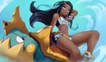  1girl arm_up black_hair blue_eyes blue_hair breasts closed_mouth crop_top dark-skinned_female dark_skin drednaw echo_saber feet_out_of_frame looking_at_viewer midriff multicolored_hair navel nessa_(pokemon) pokemon pokemon_(creature) pokemon_(game) pokemon_swsh short_shorts shorts sitting smile water 