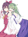  2girls :d alternate_eye_color arm_at_side arm_up ascot bangs bare_shoulders bent_over blush bow brown_hair closed_mouth commentary detached_sleeves frilled_bow frilled_hair_tubes frills frog_hair_ornament green_eyes green_hair hair_bow hair_ornament hair_tubes hakurei_reimu hand_on_another&#039;s_shoulder heart highres kochiya_sanae long_hair long_sleeves looking_at_viewer midriff_peek multiple_girls nontraditional_miko open_mouth print_skirt red_bow red_skirt red_vest ribbon-trimmed_sleeves ribbon_trim sarashi shiny shiny_hair sidelocks simple_background skirt smile snake_hair_ornament standing straight_hair sweatdrop touhou vest white_background white_sleeves wide_sleeves yellow_ascot yellow_eyes yuuki8684 