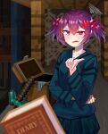  1girl anger_vein black_skirt cave_spider collarbone destinyplayer1 eyebrows_visible_through_hair fang hair_bobbles hair_ornament long_sleeves looking_at_viewer minecraft parted_lips personification purple_hair red_eyes short_hair short_twintails skirt solo twintails 