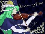  1girl bangs bloody_cuke blue_capelet blue_dress blue_headwear bow_(music) capelet closed_eyes closed_mouth commentary_request dress eyelashes frilled_hat frills green_hair hat holding holding_instrument instrument long_hair long_sleeves mima_(touhou) music playing_instrument ribbon shirt sun_print touhou touhou_(pc-98) very_long_hair violin white_ribbon white_shirt wizard_hat 
