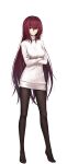  1girl bangs black_legwear breasts closed_mouth crossed_arms dress eyebrows_visible_through_hair fate/empire_of_dirt fate_(series) full_body game_cg hair_between_eyes hair_intakes highres ikemeru19 large_breasts long_hair long_sleeves looking_at_viewer pantyhose red_eyes redhead scathach_(fate) shiny shiny_hair short_dress solo standing straight_hair sweater sweater_dress tachi-e transparent_background turtleneck turtleneck_sweater very_long_hair white_dress white_sweater 