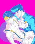  2boys blue_hair crop_top diamond_wa_kudakenai earrings gakuran headband higashikata_josuke jewelry jojo_no_kimyou_na_bouken kishibe_rohan large_pectorals limited_palette male_focus midriff multiple_boys pectorals pompadour school_uniform sumo_(komokomo1201) suspenders violet_eyes 