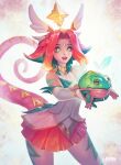  1girl :o absurdres animal artist_name circlet english_commentary furaffinity_username gloves gold_trim gradient_hair green_eyes green_gloves green_hair highres holding holding_animal kardie league_of_legends looking_at_viewer multicolored_hair neeko_(league_of_legends) redhead short_hair sidelocks skirt solo star_guardian_(league_of_legends) star_guardian_neeko symbol-shaped_pupils tail web_address wing_hair_ornament 