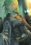  armor bangs black_shorts breasts byleth_(fire_emblem) byleth_eisner_(female) cape detached_collar dutch_angle fire_emblem fire_emblem:_three_houses floating_hair green_eyes green_hair grey_cape hair_between_eyes highres large_breasts long_hair looking_at_viewer midriff navel outstretched_hand parted_lips short_shorts shorts shoulder_armor smile solo stomach toho10min 