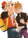  2boys black_hair blue_oak brown_hair commentary_request great_ball hand_in_pocket hat highres jewelry looking_at_object looking_at_viewer mirin_(coene65) multiple_boys necklace poke_ball pokemon pokemon_(game) red_(pokemon) teeth white_background 