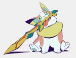  animal animal_focus christine_liu english_commentary green_eyes looking_at_viewer lower_teeth no_humans pokemon pokemon_(creature) shadow sharp_teeth simple_background sitting sword teeth toes tongue tongue_out weapon white_background yamper 