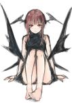  1girl bare_shoulders barefoot bat_wings black_dress closed_mouth dress expressionless feet full_body highres knees_up koakuma leaning_back looking_at_viewer low_wings nagata_nagato red_eyes redhead simple_background sitting sketch solo toes touhou white_background wings 