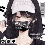  1boy black_hair brown_eyes cover ear_piercing earrings fake_magazine_cover hat highres jewelry looking_at_viewer magazine_cover male_focus mask mouth_mask myuhuaki original pale_skin piercing solo 