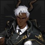  1boy dark_skin dragon_boy dragon_horns gloves highres horns looking_at_viewer necktie official_art polygon_project red_eyes solo virtual_youtuber white_hair xjamal 