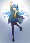  1girl absurdres arm_up bangs black_footwear black_legwear blue_eyes blue_hair blue_necktie blue_skirt cardigan coat collared_shirt eyebrows_visible_through_hair floating_hair grey_coat hair_between_eyes hair_ornament hatsune_miku highres long_hair long_sleeves looking_up miniskirt necktie open_clothes open_coat outstretched_arm pantyhose pleated_skirt school_uniform shirt skirt solo tanukino_ohaka twintails very_long_hair vocaloid white_shirt wing_collar yellow_cardigan 